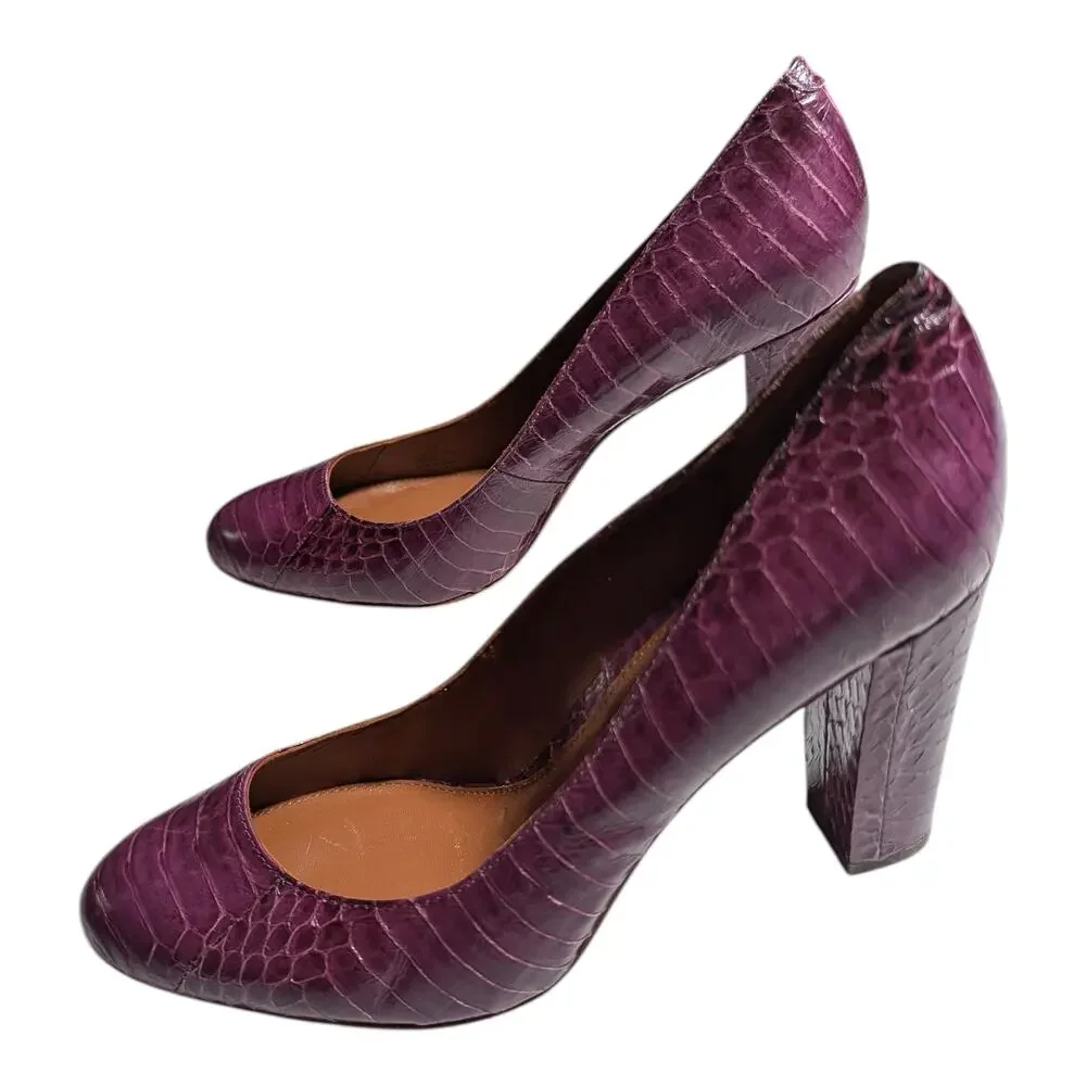 Lauren Ralph Lauren Viona Purple Croc Embossed Leather Block Heel Pumps Sz 6.5